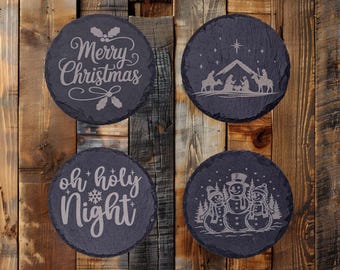 Laser Engraved Slate Christmas Coasters • Rustic Holiday Decor