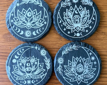 Celestial Sun Moon Stars Slate Coasters: Lotus Flower Design
