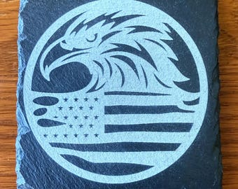 Laser Engraved Slate Coasters: Eagle with American Flag