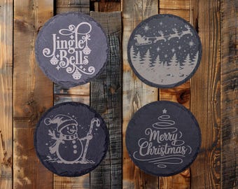 Laser Engraved Slate Christmas Coasters • Rustic Holiday Decor
