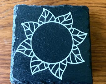 Floral Sun Laser Engraved Slate Coasters: Home Bar Decor