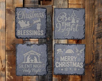 Laser Engraved Slate Christmas Coaster Set • Rustic Winter Decor