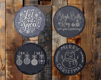 Laser Engraved Slate Christmas Coasters • Rustic Holiday Decor