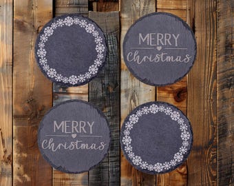 Laser Engraved Slate Christmas Coasters • Rustic Holiday Decor