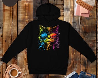 Kleurrijke hoodie kat met bril, cadeau dierenliefhebber