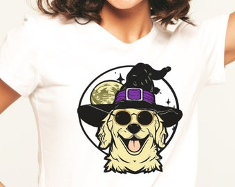 Canine Coven Golden Retriever Camisa para Halloween Witch Hat
