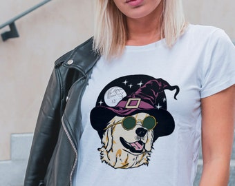 Canine Coven Golden Retriever Camisa para Halloween Witch Hat
