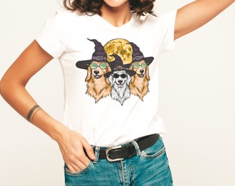 Canine Coven 3 Golden Retrievers Camisa para Halloween Witch Hat