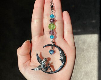 Moon Car Charm, Rear View Mirror Accessory, Hanging Car Charm, Color Shifting, Mystical Car Charm, Boho Car Charm, Angel Car Charm
