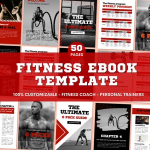 Puede incluir: Una plantilla de libro electrónico de fitness roja y negra con el texto "Fitness Ebook Template" y "100% Customizable - Fitness Coach - Personal Trainers". La plantilla incluye imágenes de personas haciendo ejercicio y texto sobre la guía definitiva del 6 pack.