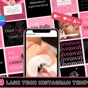 120 Instagram Template Lashes Tech Pink and Black, Canva Template Lash Artist,Social Media Post
