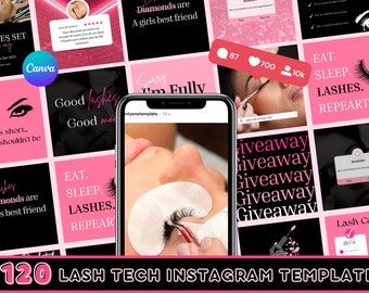 120 Instagram Template Lashes Tech Pink and Black, Canva Template Lash Artist,Social Media Post