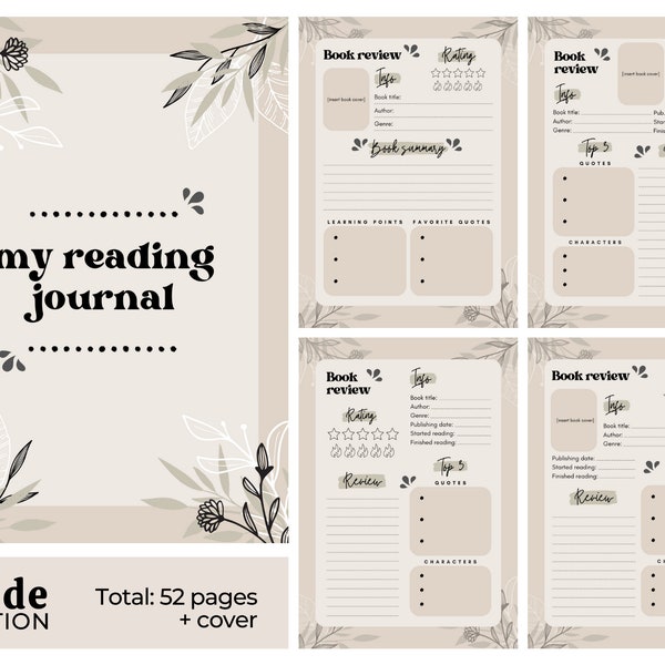 Undated Digital Printable Reading Journal, Monthly and Daily Planner, Reading Tracker, Book Reading Review, Bookshelf Downloadable Planner