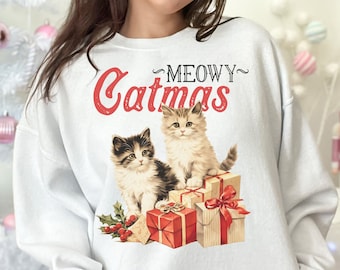 meowy catmas, Vintage Weihnachtshemd, Weihnachtskatzen-Sweatshirt, süßes Katzenhemd, Retro-Weihnachtshemd, Geschenk für Katzenliebhaber, Geschenk für Katzenmama
