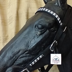 Embellished  Horse Headstall Black with Black and white Diamond shaped trim