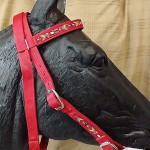 Embellished Horse Headstall (Bridle) Red/Red Southwest Trim Nylon