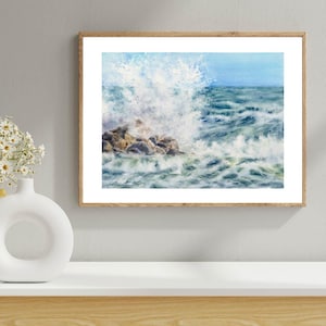 Stormy Ocean Wave Print, Coastal Wall Art, Watercolor Seascape, Blue Ocean Wall Decor, Dramatic Sea Print, Ocean Lover Gift, Wave Art Print