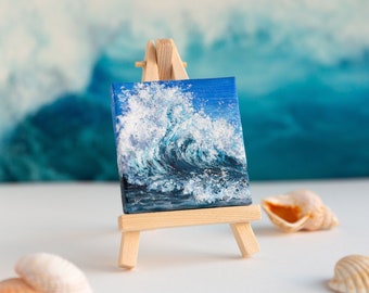 Mini peinture océan océan plage vague de mer art original bleu marine minuscule petite oeuvre d'art avec chevalet peinture miniature décoration de bureau décoration d'étagère de livre