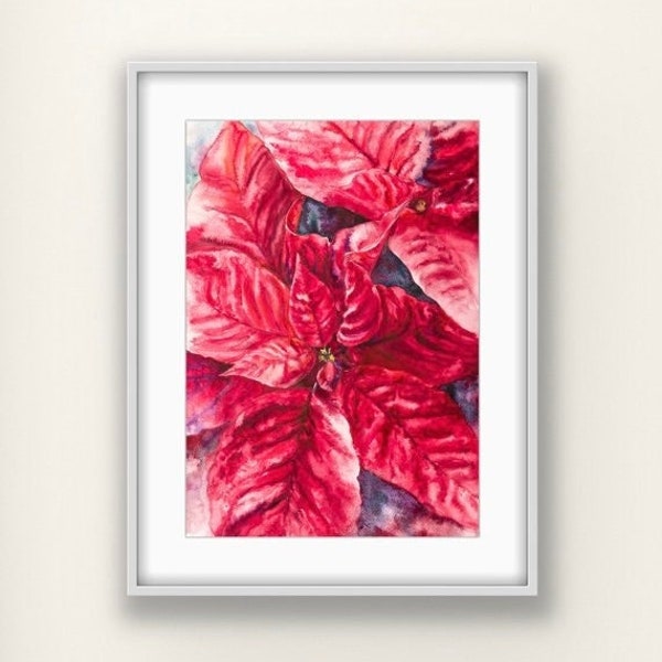 Red Poinsettia Flower art print. Wall art decor. Floral watercolor painting. Botanical art print. Nature watercolor print. Floral wall art.