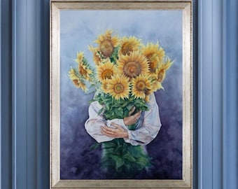 Ukrainian sunflowers art print. Watercolor Ukraine painting. Sunflowers poster. Large wall art. Sunflowers in woman hands. Ukrainian artists
