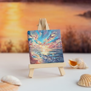 Ocean Sunset mini painting Miniature painting Sea waves Original acrylic beach small art with easel Tiny bookshelf decor Coastal desk decor