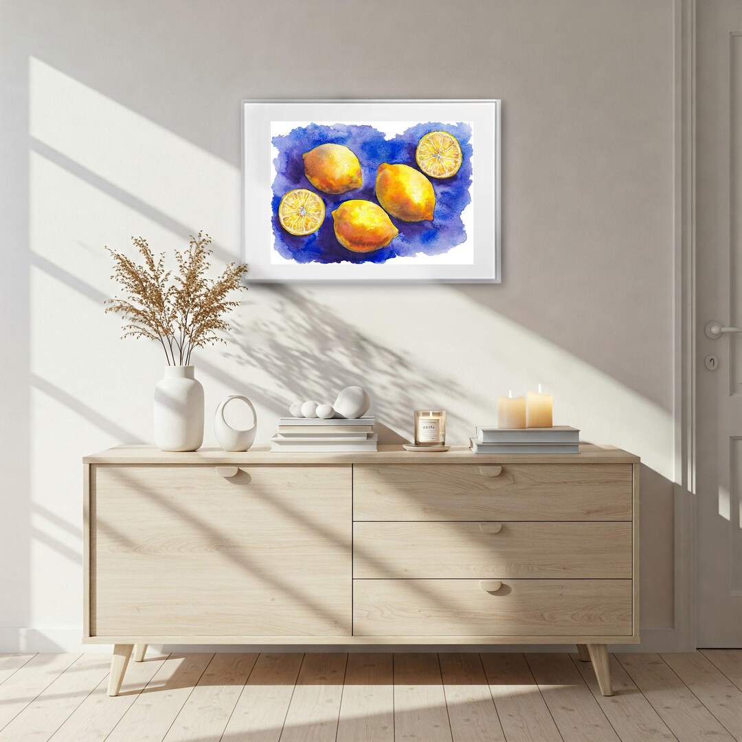 Lemon Wall Art Print, Yellow Citrus Fruit Farmhouse Kitchen Decor, Blue ...
