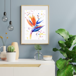 Stampa di uccelli del paradiso, stampa murale di fiori tropicali, stampa botanica ad acquerello, decorazione floreale per la casa, regalo per gli amanti delle piante, poster di fiori esotici