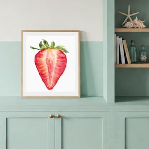 Stampa acquerello di fragole, decorazione da parete per cucina con frutti rossi, decorazione estiva con bacche, regalo per gli amanti del cibo, arte botanica moderna, stampa per cucina in stile rustico