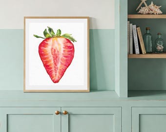 Strawberry Watercolor Print Red Fruit Wall Art Kitchen Decor Botanical Food Illustration Farmhouse Wall Art Summer Fruit Gift