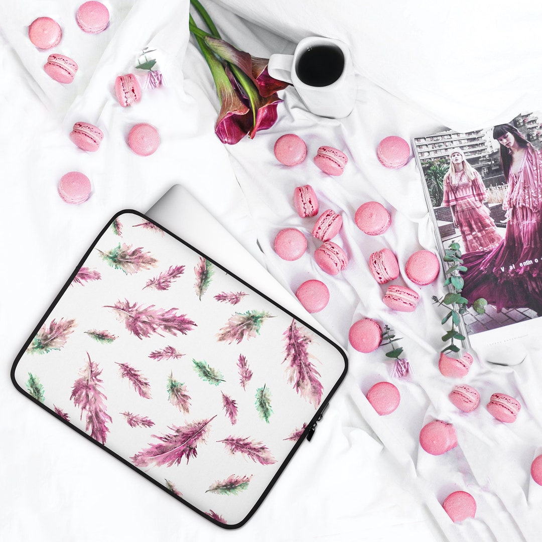 Boho Laptop Case, Pink Laptop Sleeve With Feathers. MacBook Pro 13 Case