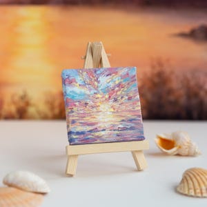 Miniatuur originele kunst Oceaan minischilderij acryl roze zonsondergang landschap Kleine strandkunst met ezel Boekenplankdecor Kust schattig bureaudecor