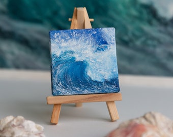 Mini peinture océan art original acrylique bleu marine plage vague de mer petit art avec chevalet peinture miniature décoration de bureau mignon décoration d'étagère de livre