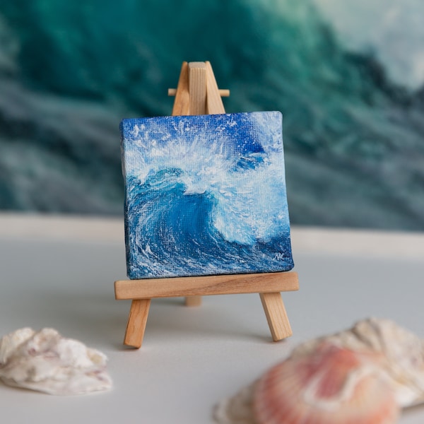 Ocean mini painting Original art acrylic navy blue beach sea wave Small art with easel Miniature painting Cute desk decor Book shelf decor