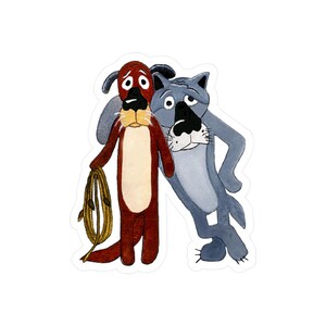 May include: A sticker featuring two cartoon characters: a brown dog holding a rope and a gray wolf. The dog has a sad expression, while the wolf leans on the dog. The artwork has a watercolor style.