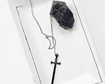 Moon and Sword Larait Necklace | Celestial Inspired | Alt Style | Alternative Jewelry | Minimalist Style | Gift for Girlfriend | Soft Grunge