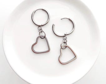 Heart Hoop Earrings | Stainless Steel Heart Dangle Earrings | Minimalist Heart Jewelry | Cute Kpop Style Earrings | Aesthetic Jewelry