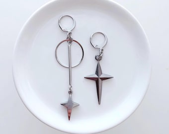 Kpop Asymmetrical Earrings, Edgy Silver Hoop Earrings, Alt Unisex Jewelry, Geometric Mismatched Earrings, Korean Street Style Jewelry