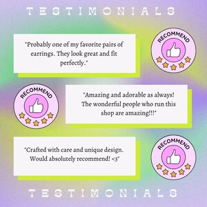 May include: A graphic featuring customer testimonials. The background has a gradient of green, purple, and yellow. Text boxes contain customer reviews. Each review is accompanied by a pink circle with a thumbs-up and stars, labeled "RECOMMEND". The word "TESTIMONIALS" is repeated.