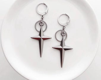 Stainless Steel Star Earrings | Minimalist Silver Hoop Earrings | Unisex Jewelry, Kpop Style Earrings | Edgy Alt Jewelry | Goth Earrings