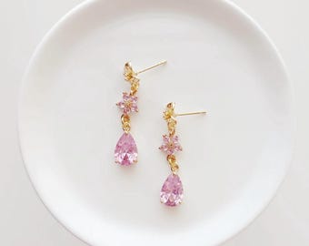 Cherry Blossom Drop Earrings, Sakura Flower Dangles, Pink Crystal Teardrop Earrings, Japanese Inspired Jewelry, Plant Inspired
