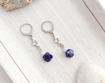 Lapis Lazuli Earrings, Celestial Star Gemstone Hoops, Dainty Silver Drop Earrings, Natural Stone Earrings, Gift for her
