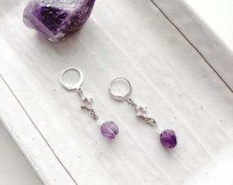 Amethyst Crystal Drop Earrings, Purple Gemstone Dangle Earrings, Celestial Star Jewelry, Gift for Her