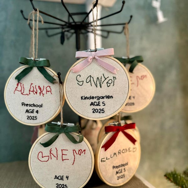 Child Handwriting Keepsake Embroidery Loop Ornament - Personalized Gift - Special Hand Embroidered - Gift for Teacher - Mother's Day Present