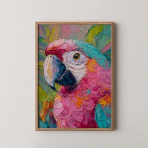 Pintura a óleo vibrante de papagaio para impressão, pássaro maximalista fofo, arte de parede, papagaio rosa, decoração de casa, berçário tropical, impressão digital, download 553
