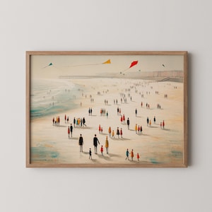 Beachgoers with Kites Print: Modern Coastal Oil Painting (Digital Download)