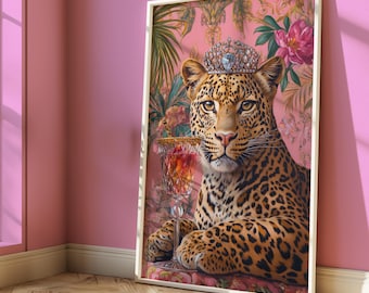 Regal Leopard Cocktail Art Print: Luxe Jungle Wall Decor (Digital Download)