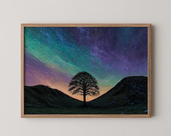Sycamore Gap Aurora Borealis Print: Moody Landscape Oil Painting (Digital Download