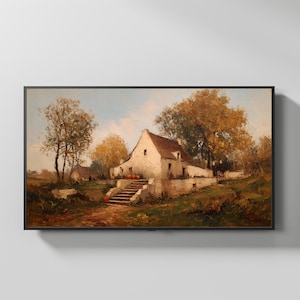 Rustic Farmhouse in Autumn Landscape Impasto Oil Painting Cozy Country Wall Art Cottagecore Fall Decor Frame TV Digital Download 602