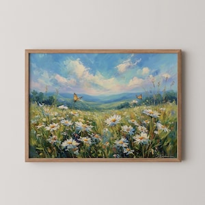 Printable Pastel Meadow Painting with Daisies - Rustic Spring Wall Art, Vintage Nature Scene, Cottagecore Decor, Digital Art Print 474