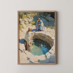 Jesus and the woman at the well. John 4:4, Samaritan woman Oil Painting, Vintage Christian Wall Decor, Religious Print, Digital Download 254